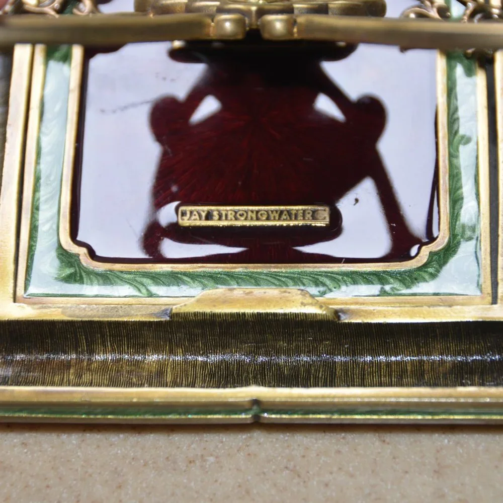 RARE JAY STRONGWATER CHINOISERIE RED MEDALLION FAN ENAMEL CRYSTAL JEWEL FRAME